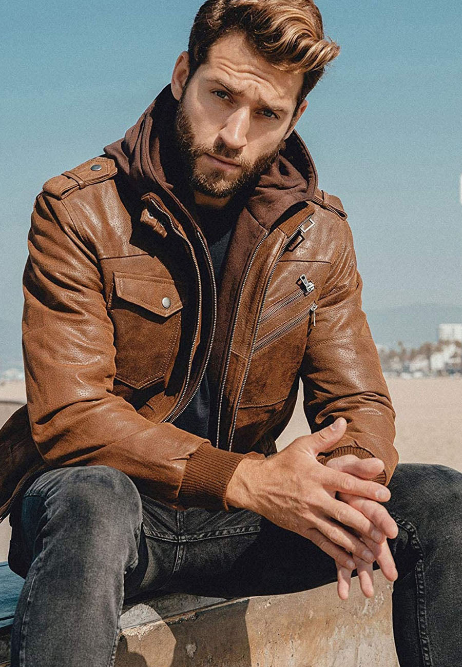 Men’s Tan Brown Leather Removable Hood Bomber Jacket