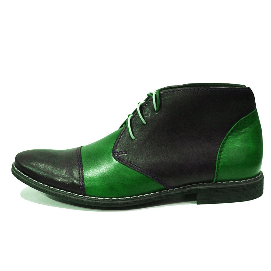 Lace Up Rounded Cap Toe Green Black Chukka Superior Leather Party Wear Men Boots