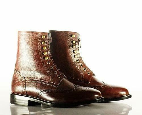 Handmade Men Brown Pebbled Leather Wing Tip Brogue Lace Up Boots, Men Ankle Boot