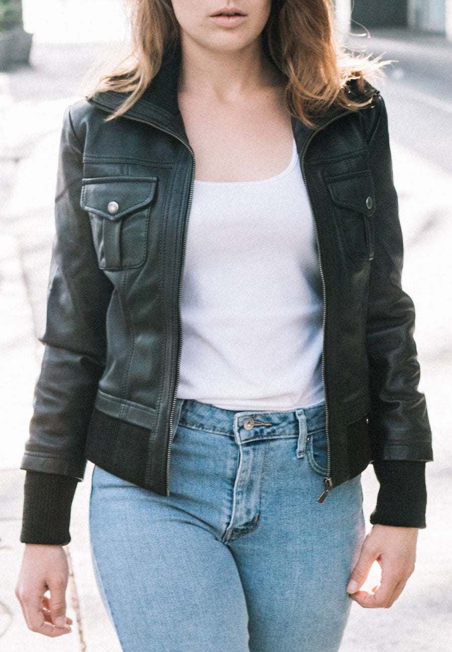 Women's Black Leather Collared Bomber Jacket