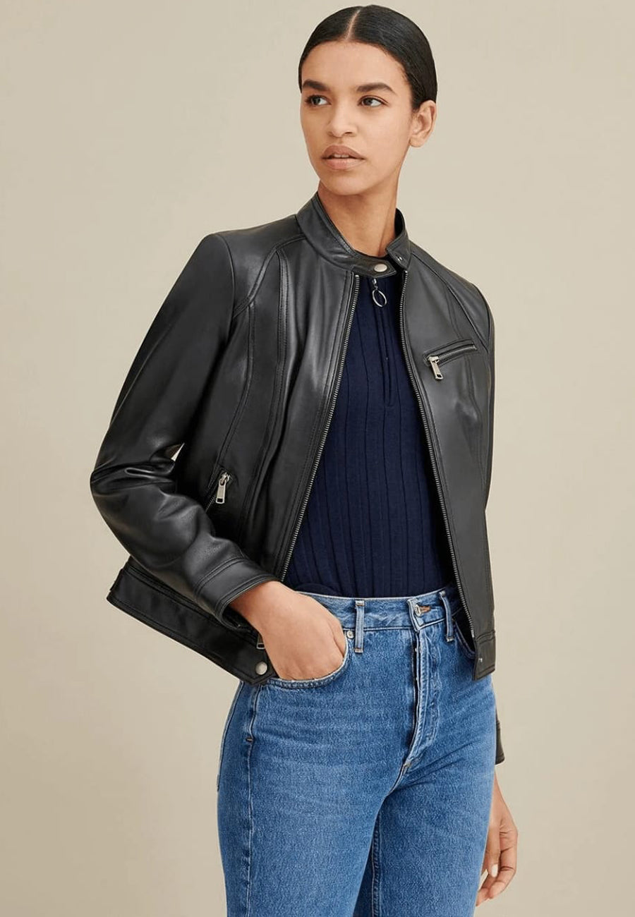 Women's Black Sheepskin Leather Biker Jacket