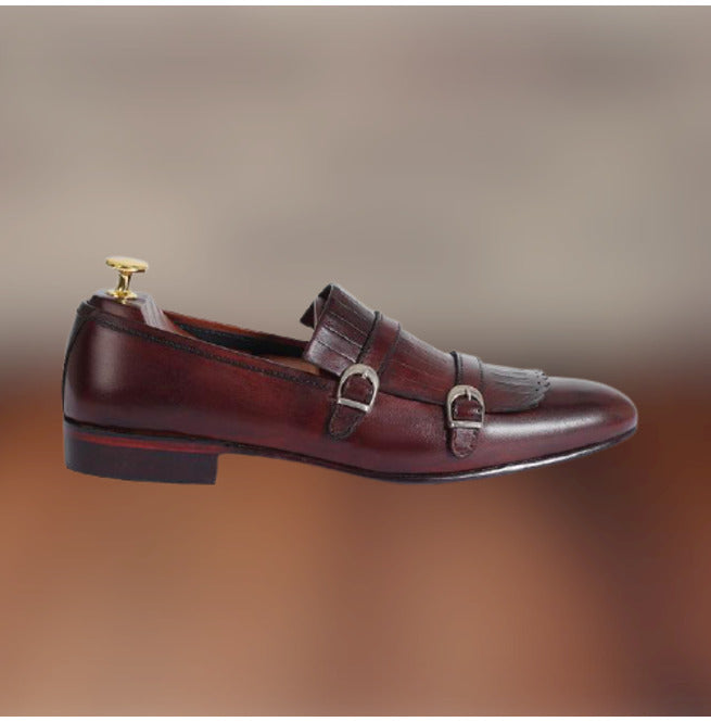 Handmade Men Brown Leather Double Monk Shoes With Fringes, Western Shoes