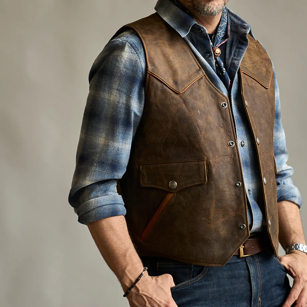 Brown Mens Western Cowboy Biker Leather Vest