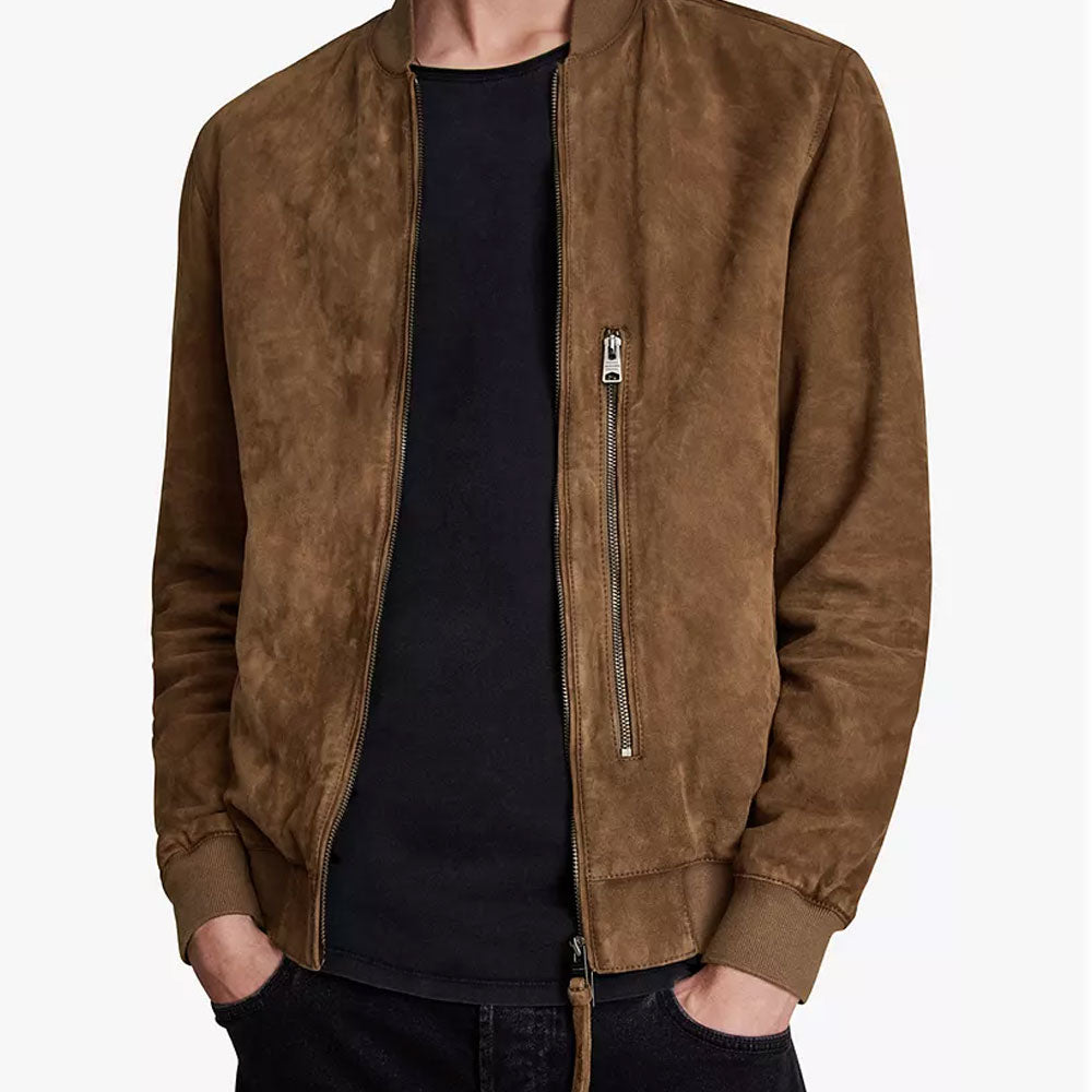 Mens Brown Suede Real Leather Bomber Jacket