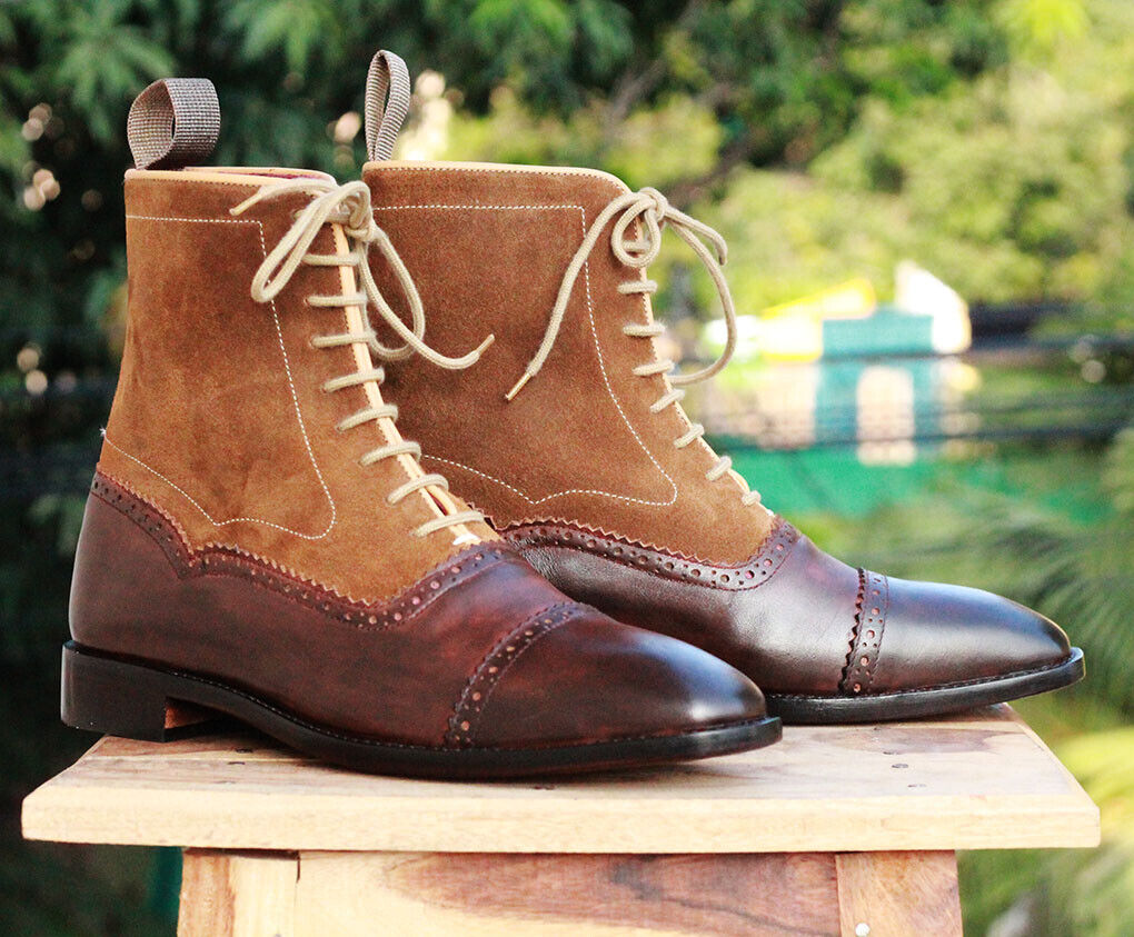 Men's Handmade Brown Leather Suede Boots, Mens Cap Toe Ankle High Fashion Boots