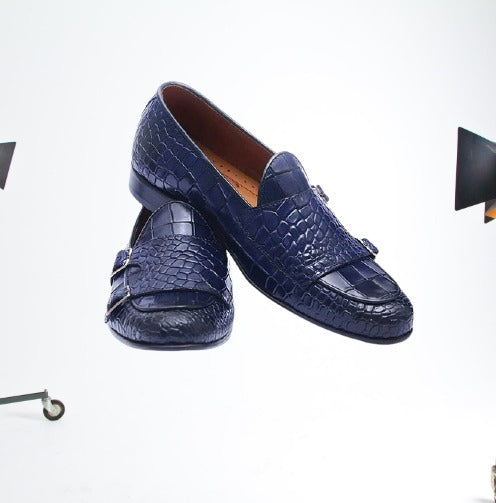 Handmade Men Blue Crocodile Texture Leather Double Monk Moccasin Shoes