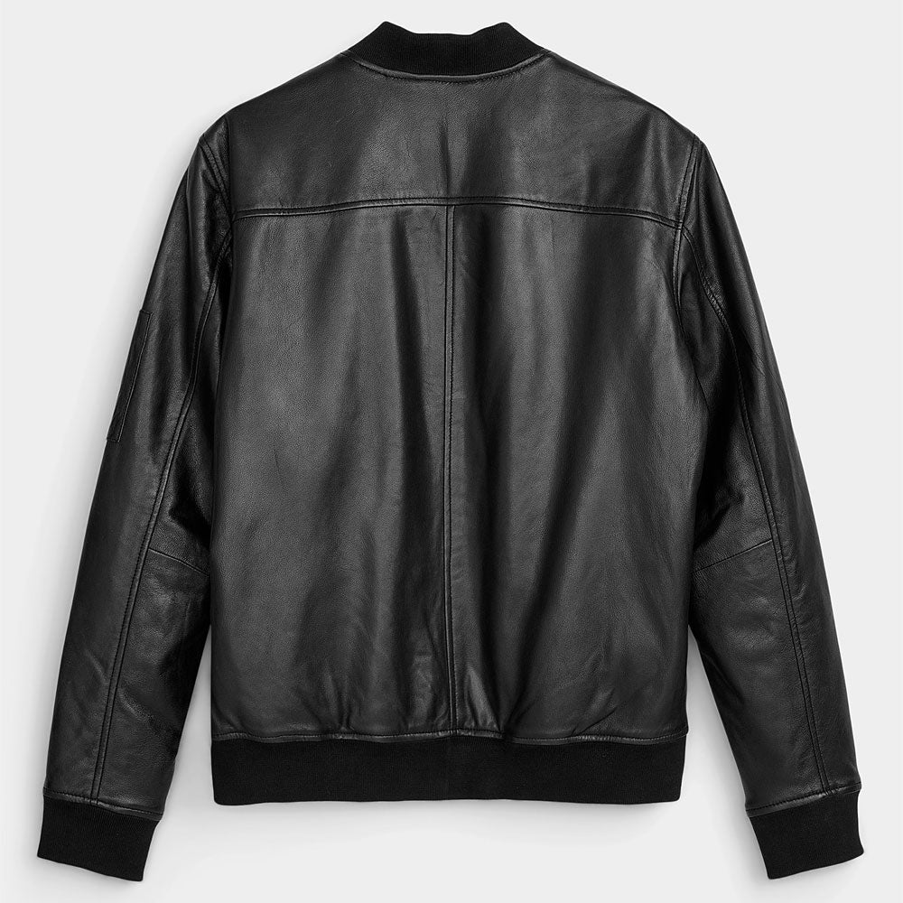 Mens Real Black Leather Bomber Jacket