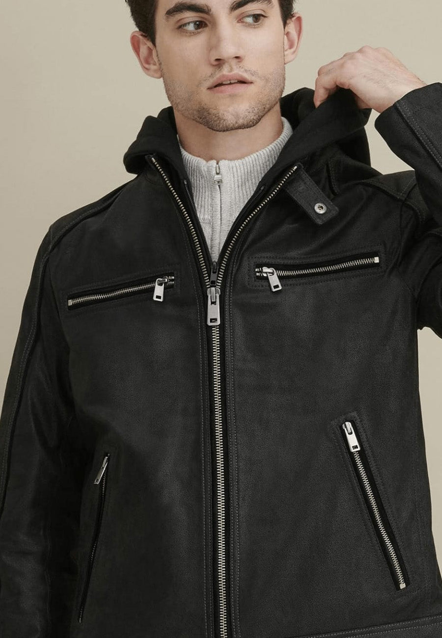 Men’s Black Leather Jacket Removable Hood