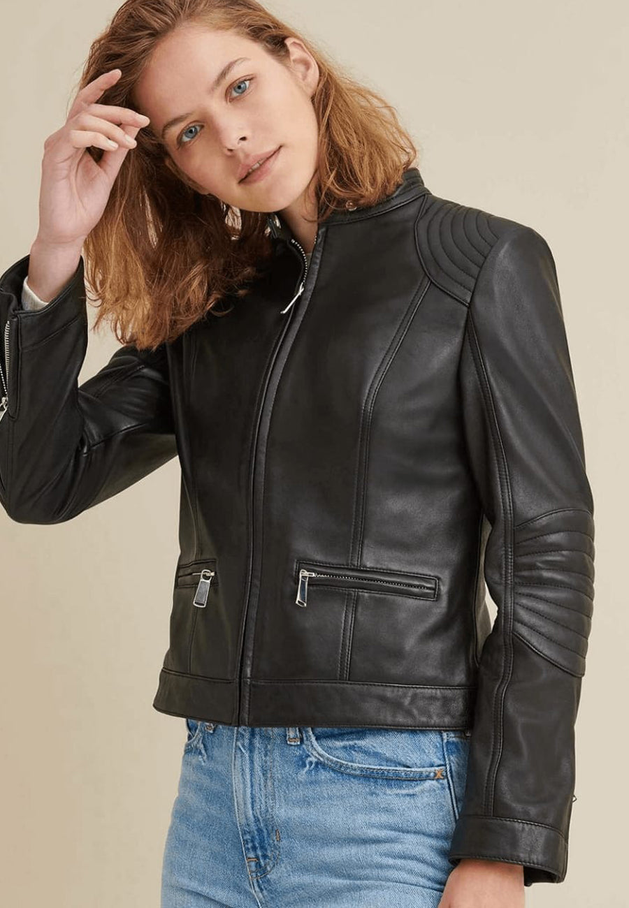 Women's Classic Black Sheepskin Leather Biker Jacket