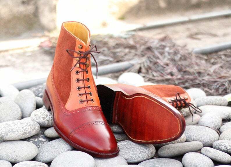 Handmade Men Tan Brown Leather Suede Cap Toe Ankle High Boots, Men Fashion Boots