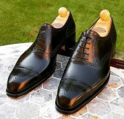 Black Handmade Leather Brogue Lace up Dress Leather Shoes Men Oxfords