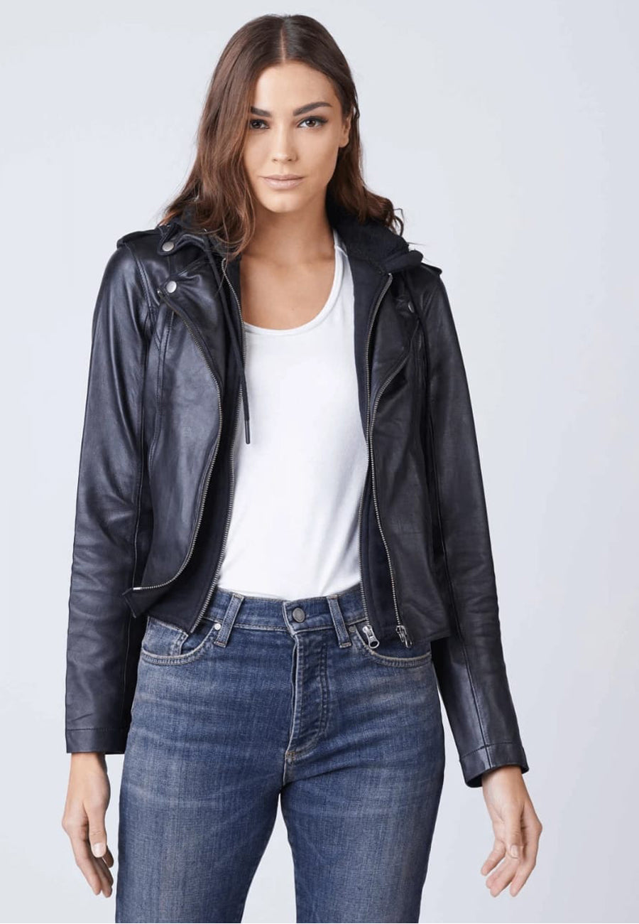 Versatile Women's Black Leather Jacket with Removable Hood