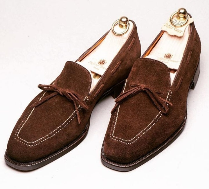 Genuine Dark Brown Suede Leather Apron Toe Tassel Loafer Slip Ons Men Shoes