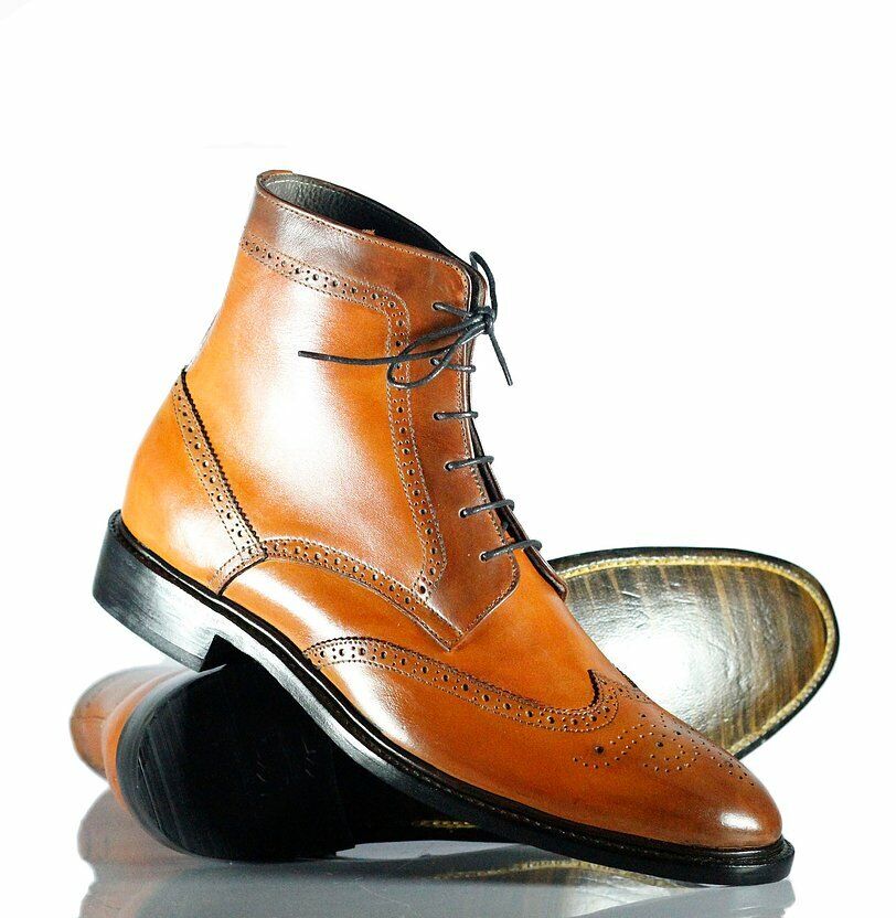 Handmade Men's Tan Brown Leather Wing Tip Brogue Lace Up Boots, Men Ankle Boots