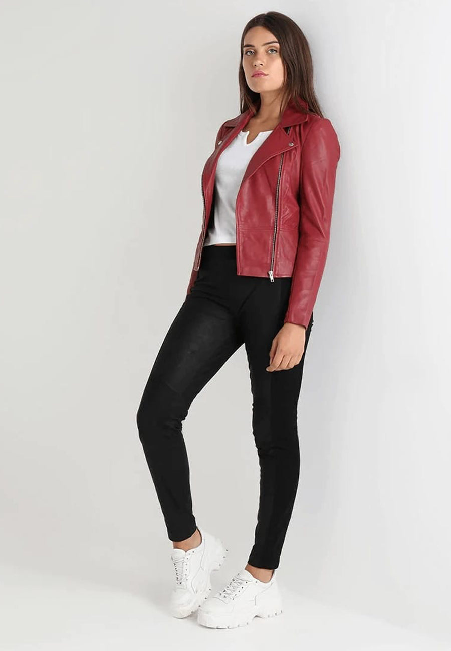 Women's Red Sheepskin Leather Biker Jacket