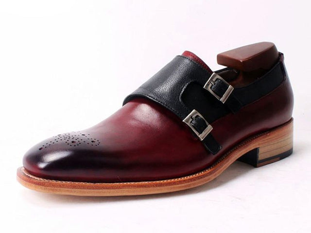 Monk Maroon Black Burnished Toe Double Buckle Straps Genuine Leather Men Shoes