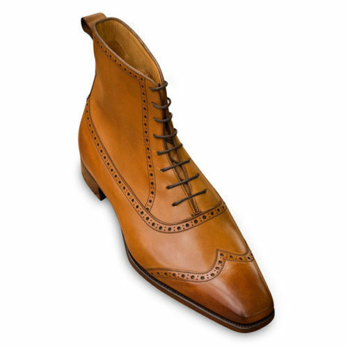 Handmade Men Tan Color Wingtip Brogue Ankle Boots, Men fashion Leather Boots