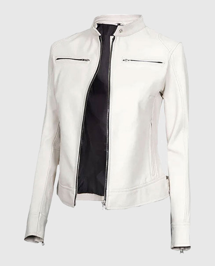 Women's White Leather Cafe Racer Jacket