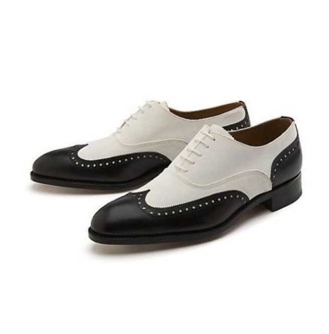 Handmade Men Black And White Wingtip Shoes, Mens Dress Leather Shoes