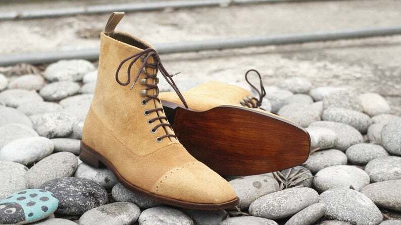 Men's Beige Suede Handmade Cap Toe Designer Boots, Men Fashion Ankle Boots