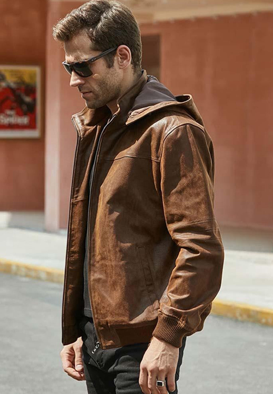 Stylish Tan Brown Leather Bomber Jacket for Men with Detachable Hood