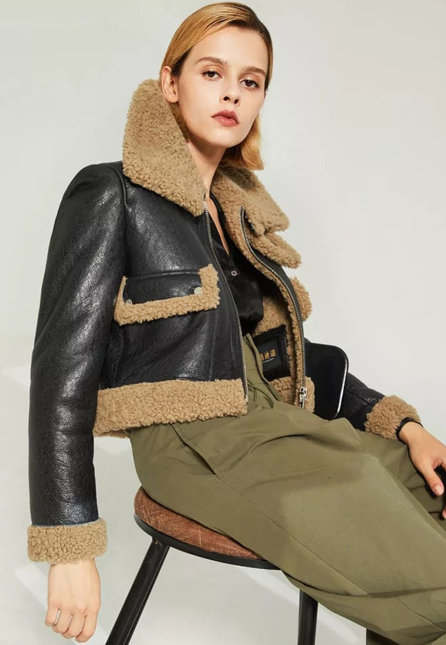 Women's Black Leather Shearling Jacket with Brown Collar