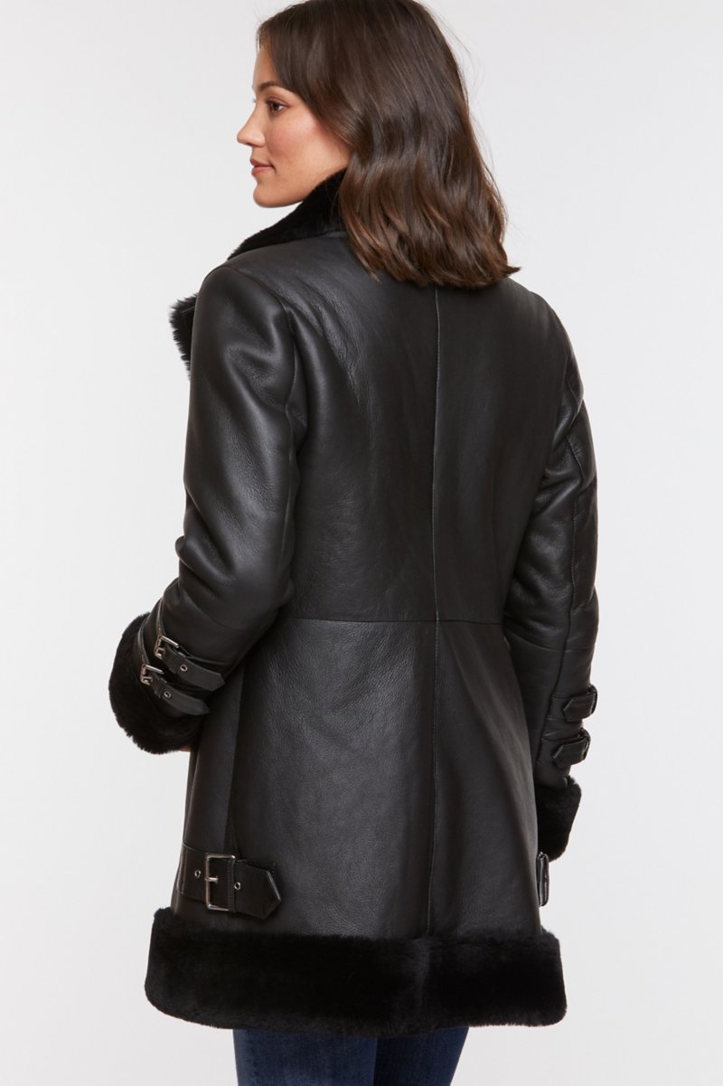 Women’s Black Leather Shearling Long Coat