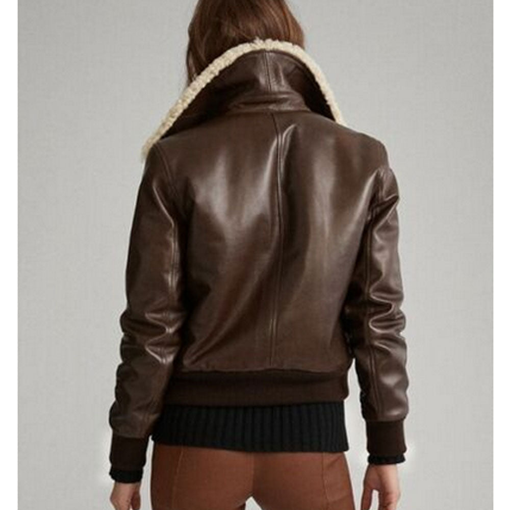 Women Aviator Sheepskin Shearling Motorbike Leather Bomber Jacket