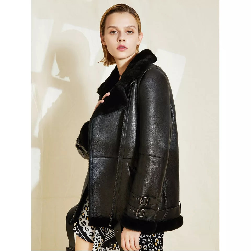 Women’s Black Leather Shearling Long Coat