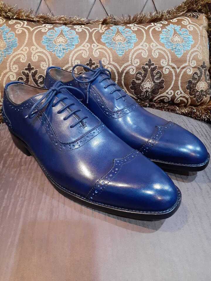 Handmade Men's Blue Genuine Leather Oxford Cap Toe Lace up Dress Formal Shoes