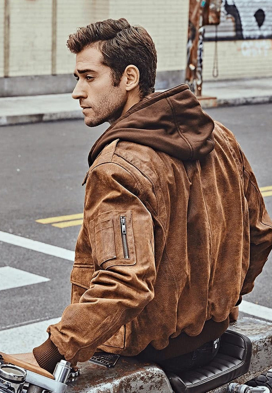 Stylish Men's Tan Brown Distressed Leather Bomber Jacket with Removable Hood