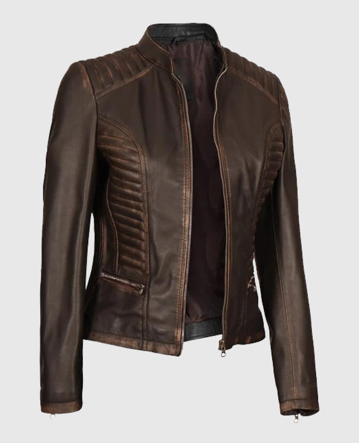 Women's Rachel Dark Brown Rub-off Cafe Racer Leather Jacket