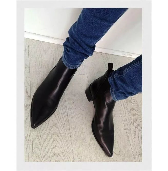 Handmade Men Black Pointed Toe Chelsea Boots, Black Leather Ankle Boots