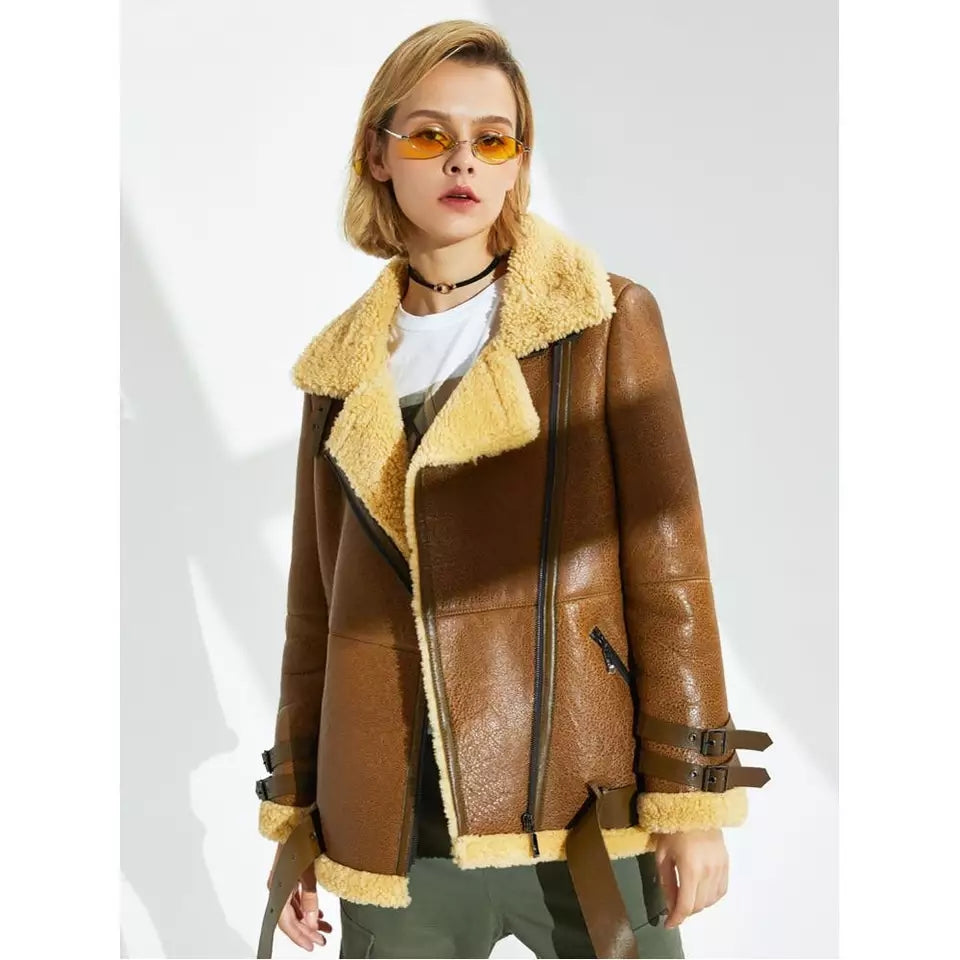 Women’s Tan Brown Leather Shearling Long Coat