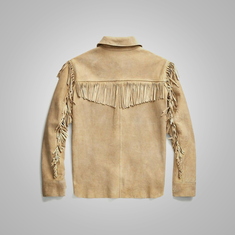 Mens Brown Western Suede Leather Jacket With Beads Fringes