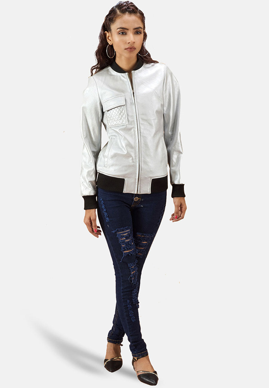 Women's White Leather Bomber Jacket