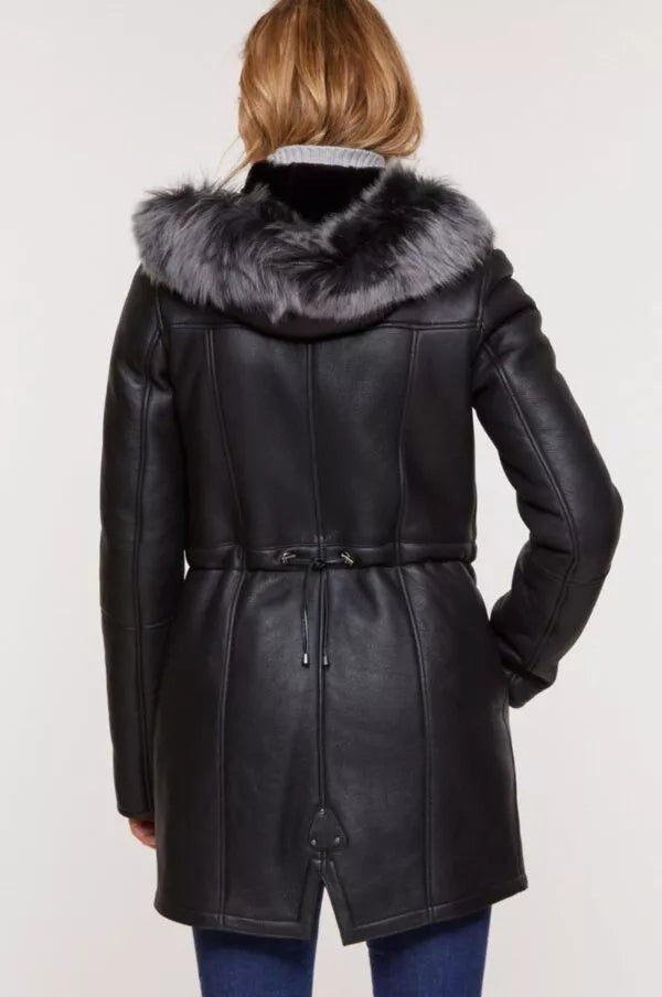 Women’s Black Leather Gray Shearling Hood Long Coat