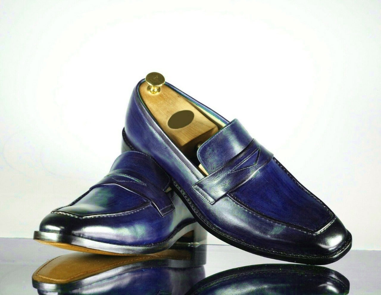 Handmade Men's Blue Leather Penny Loafer Shoes, Men Designer Formal Dress Shoes