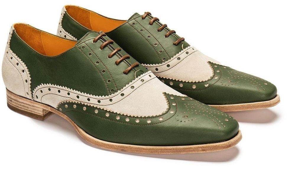 Handmade Wing Tip Brogue Leather Shoes, Men's Lace Up White Green Stylish