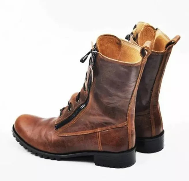 Handmade Brown Side Zipper Lace Up Leather High Ankle Biker Boot