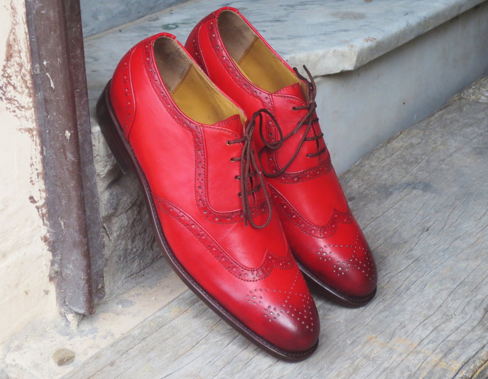 Handmade Men's Red Leather Wing Tip Brogue Lace Up Shoes