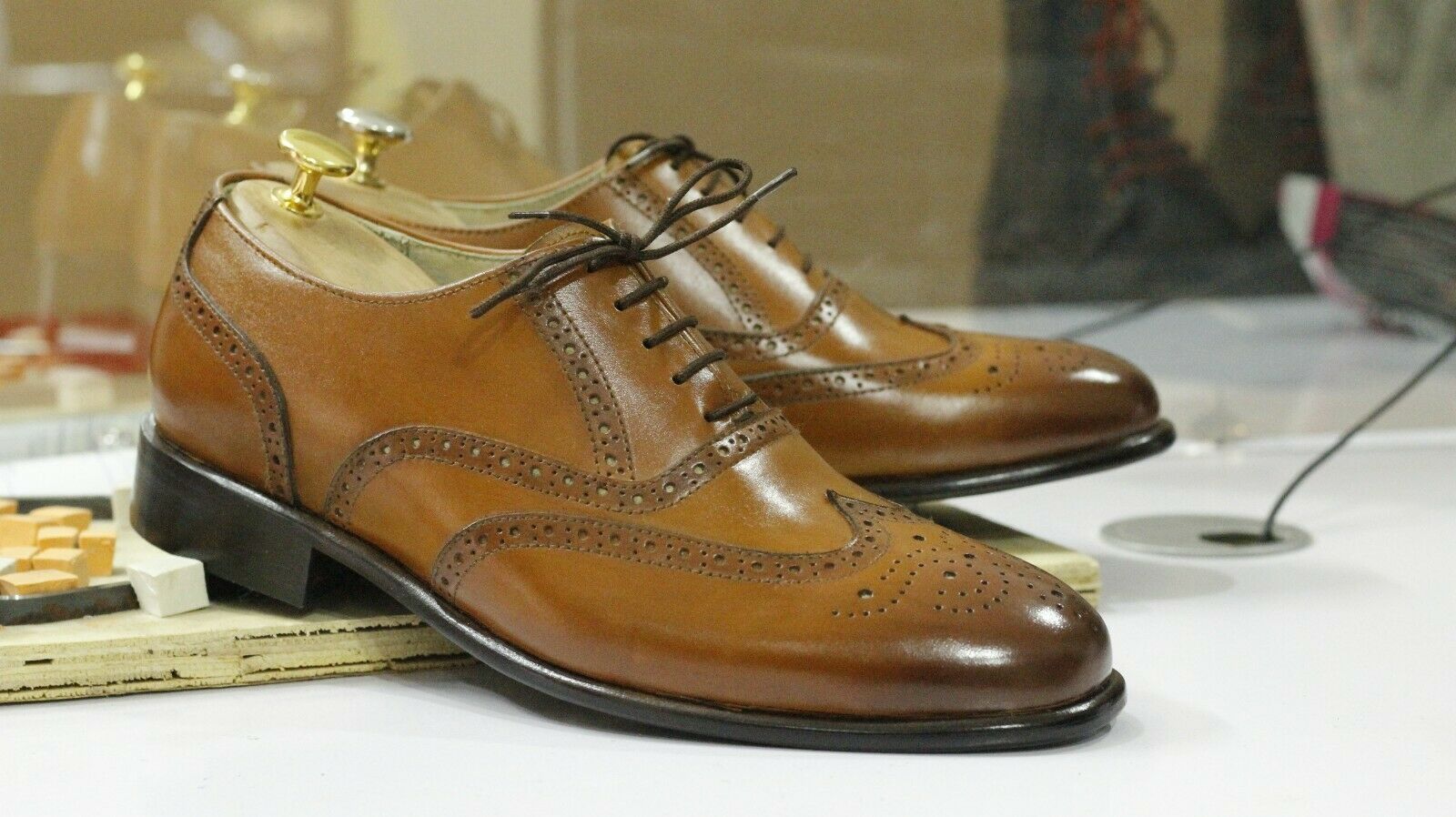 Handmade Men's Tan Leather Wing Tip Brogue Lace Up Shoes