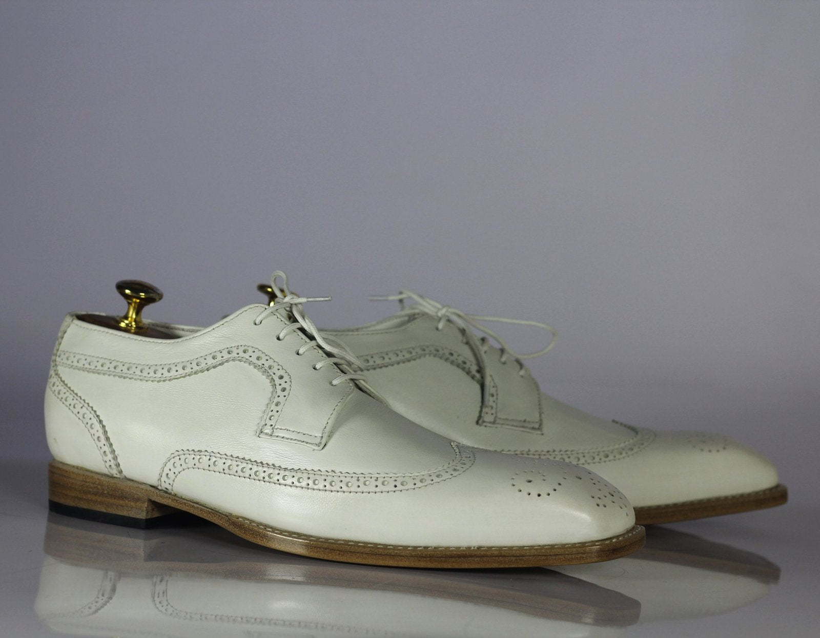 Handmade Men White Leather Wing Tip Brogue Lace Up Shoes