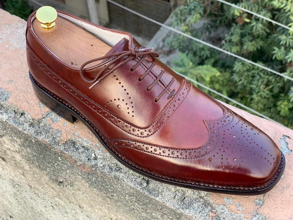 Handmade Men brown Leather Wing Tip Brogue Lace Up Shoes