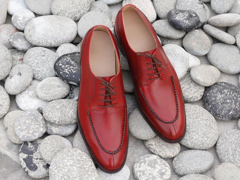 Handmade Men's Red Leather Split Toe Lace Up Shoes, Men Dress Formal Shoes