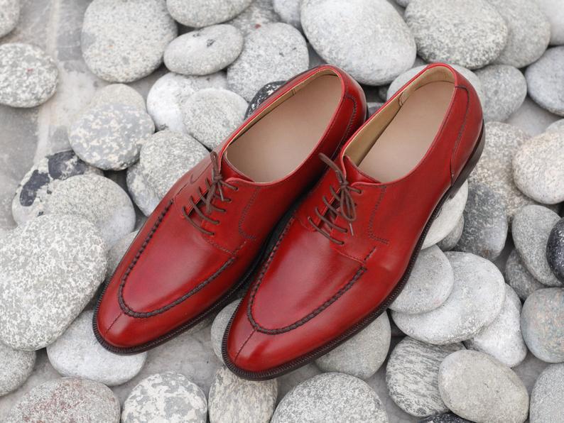 Handmade Men's Red Leather Split Toe Lace Up Shoes, Men Dress Formal Shoes