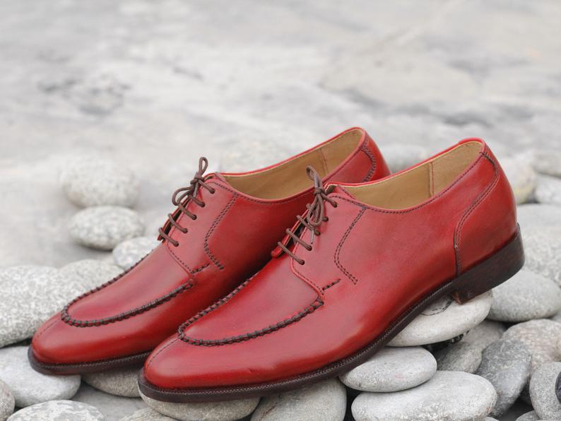 Handmade Men's Red Leather Split Toe Lace Up Shoes, Men Dress Formal Shoes