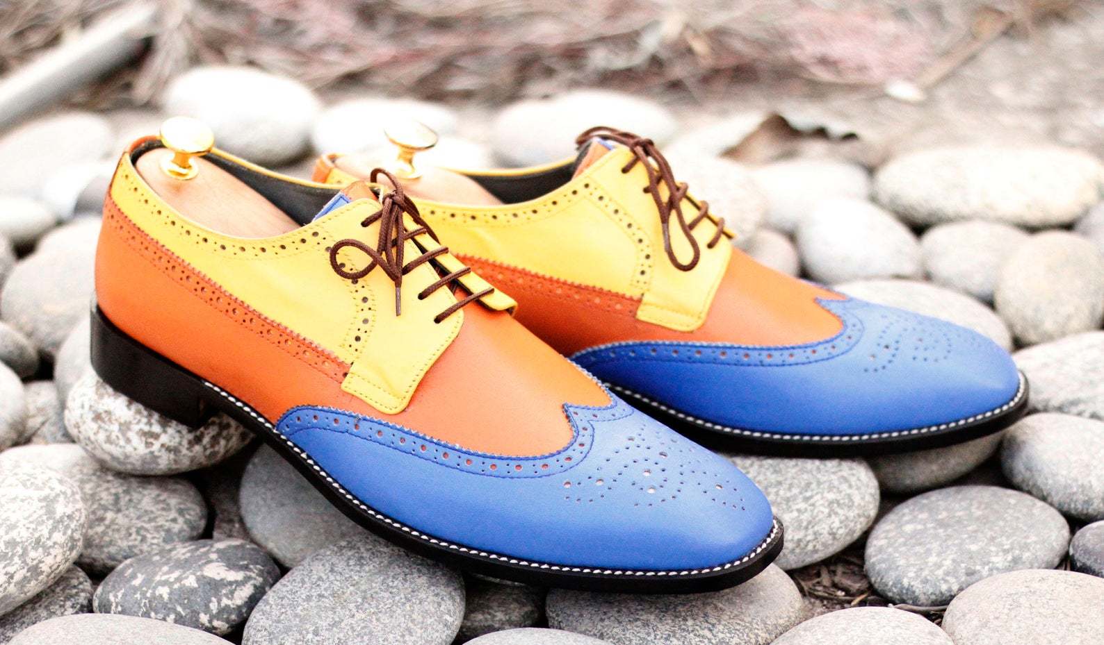 Handmade Men Multi-Color Leather Wing Tip Brogue Shoes