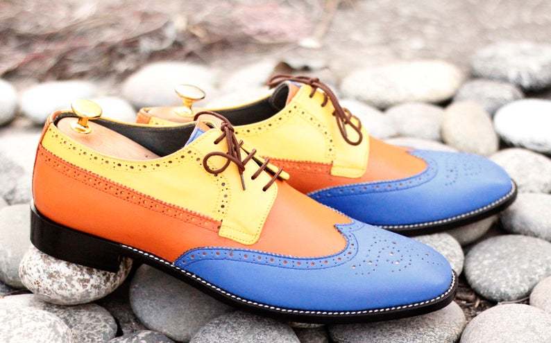 Handmade Men Multi-Color Leather Wing Tip Brogue Shoes