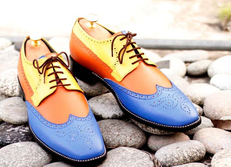 Handmade Men Multi-Color Leather Wing Tip Brogue Shoes